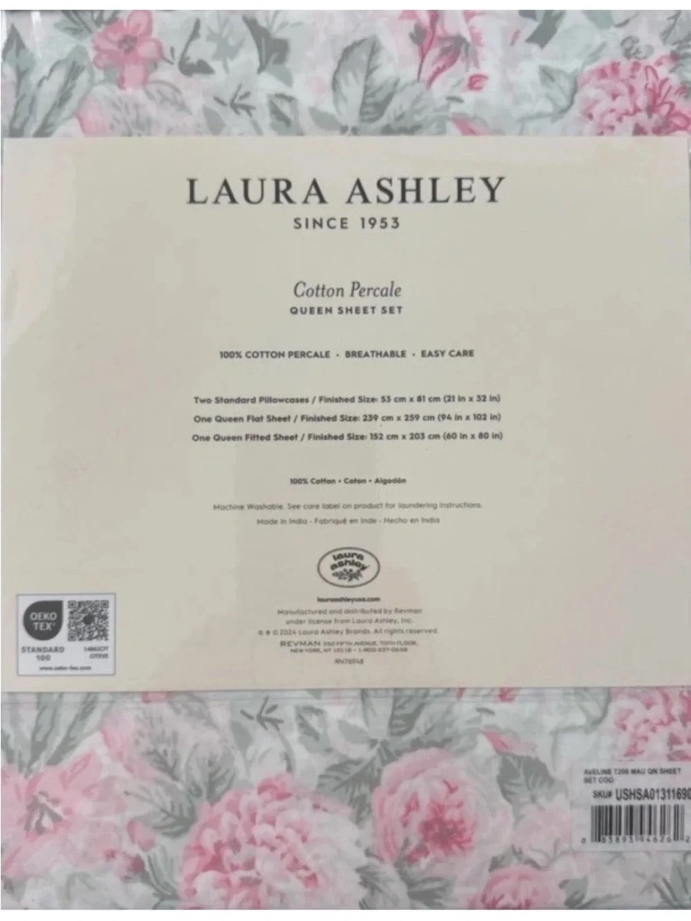 Laura Ashley ~ QUEEN ~ Pink Floral & Pinstripe 4 Pc. Sheet Set 100% Cotton